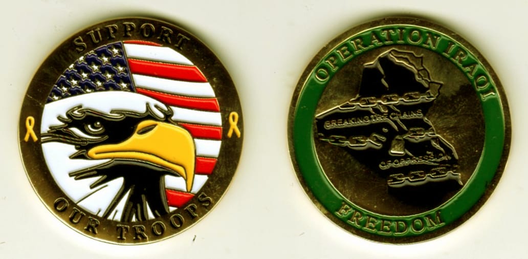 Round shaped, gold colored coin, 1 9/16 inches in diameter.