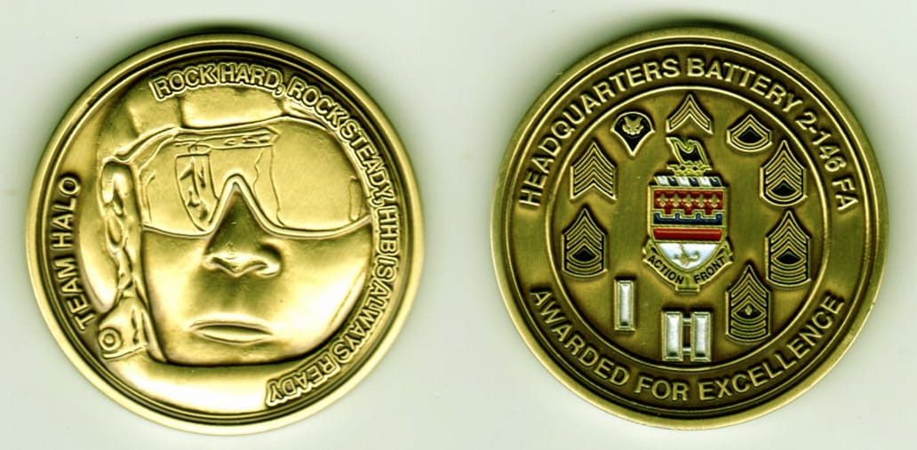 Round shaped, brass colored coin, 1-5/8 inches in diameter.