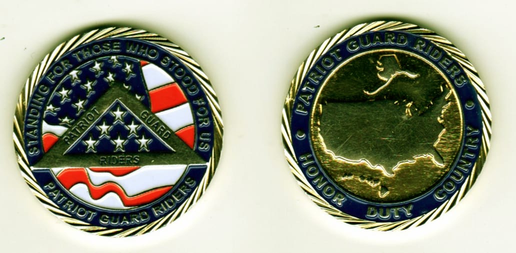 Round shaped, gold colored coin, 1 1/4 inches in diameter.