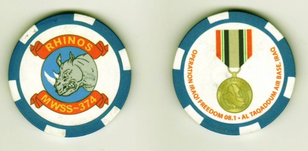 Round shaped, blue & white poker chip, 1 1/4 inches in diameter.