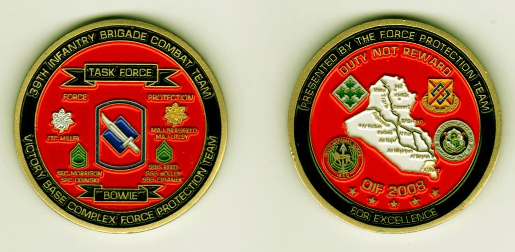 Round shaped, brass colored coin, 1 11/16 inches in diameter.