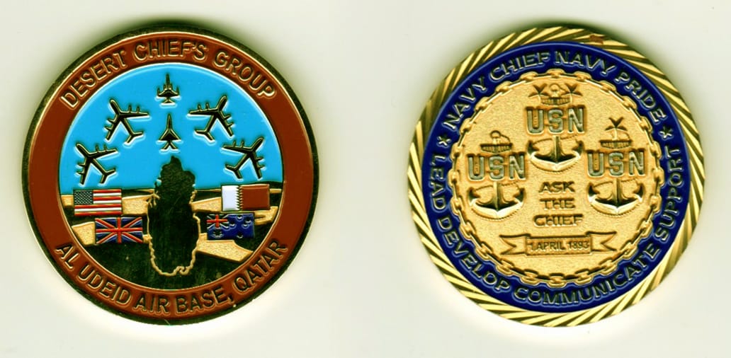 Round shaped, gold colored coin, 1 13/16 inches in diameter.