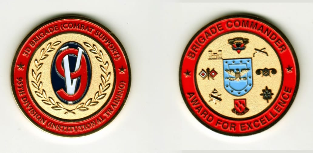 Round shaped, gold colored coin, 1-5/8 inches in diameter.