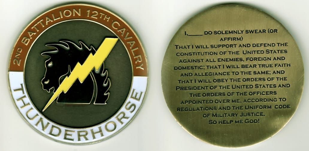 Round shaped, brass colored coin, 3 inches in diameter.