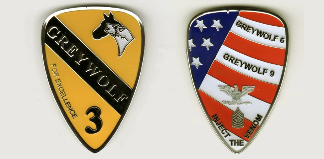 Shield shaped, silver colored coin, 1 3/4 inches wide x 2 1/2 inches high.