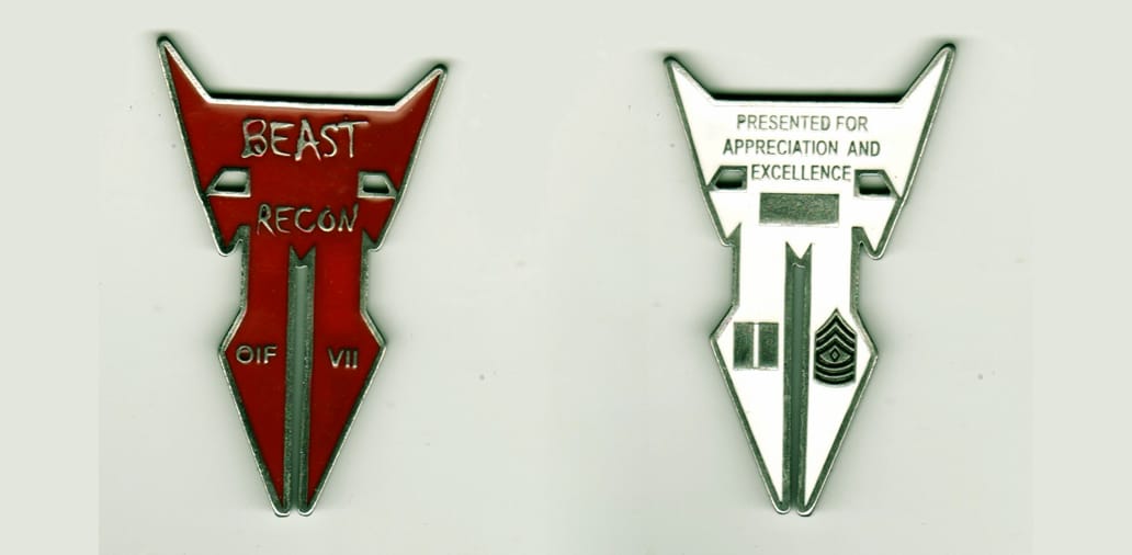 Pointed arrow shaped with point facing down, silver colored coin, 1 1/4 inches wide x 2 1/2 inches high.