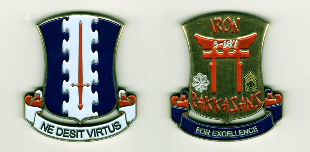 Shield shaped with ribbon banner mounted below, brass colored coin, 1 1/2 inches wide x 2 1/8 inches high.