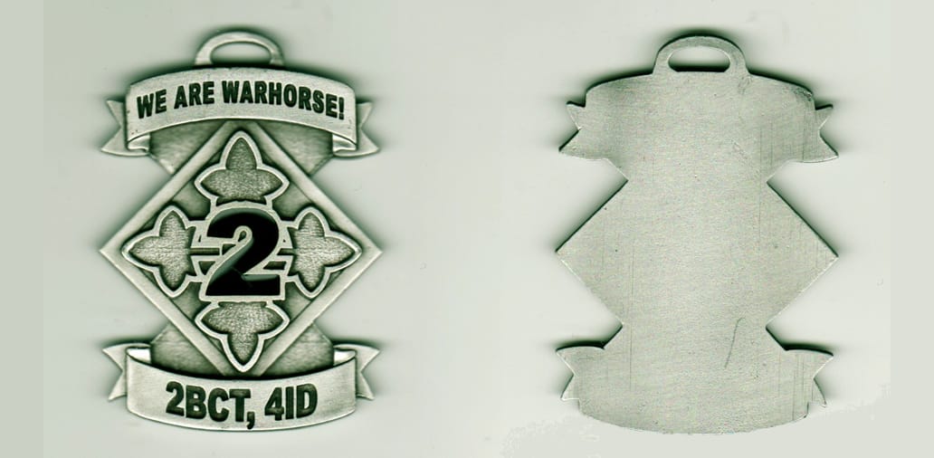 Diamond shaped center patch with ribbon banners mounted above and below, pewter colored coin, 2 wide x 2 1/2 inches high...