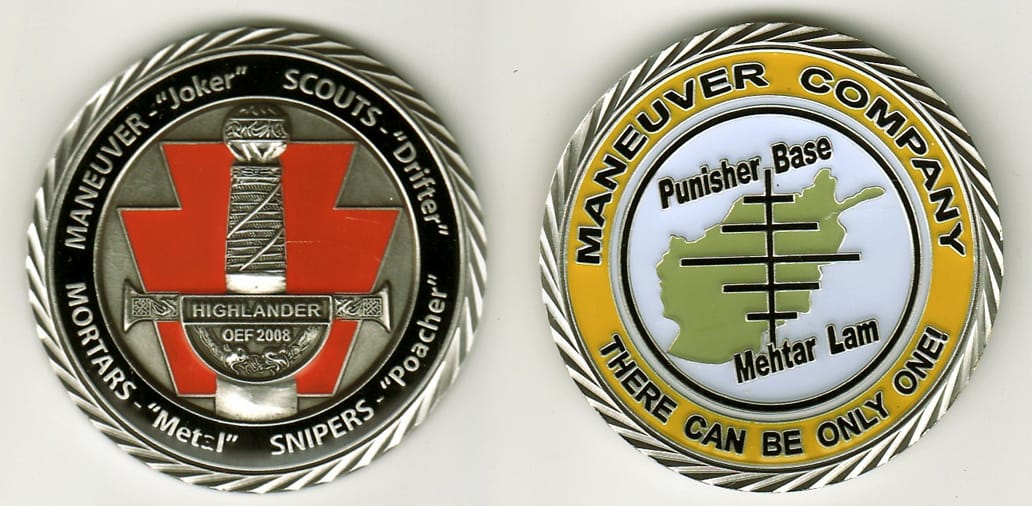 Round shaped, pewter colored coin, 2 1/8 inches in diameter.