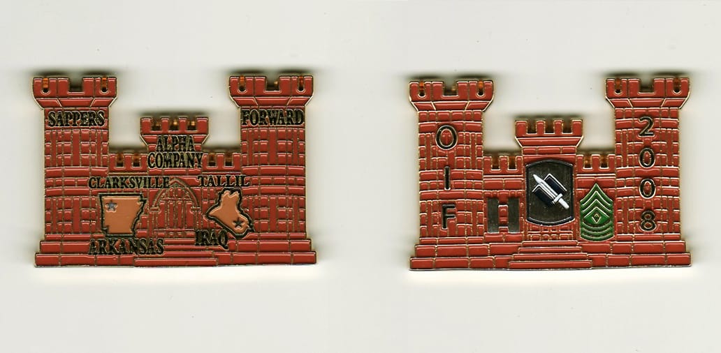 Engineer castle shaped, gold colored, red enameled  coin, 2 inches wide x 1 inch high.