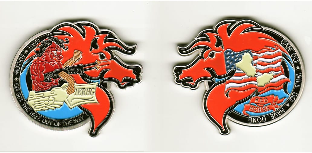 Round shaped, silver colored coin with stylized red horse head extended, 2  inches wide x 2 inches high.