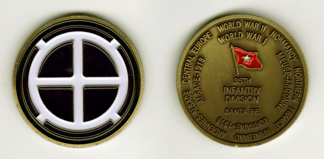 Round shaped, brass colored coin, 1 13/16 inches in diameter.