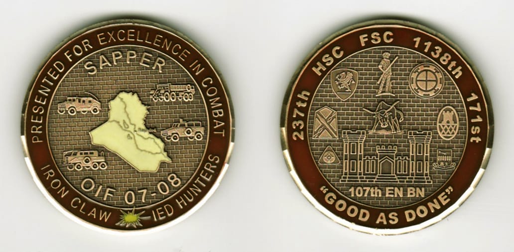 Round shaped, brass colored coin, 1 13/16  inches in diameter.