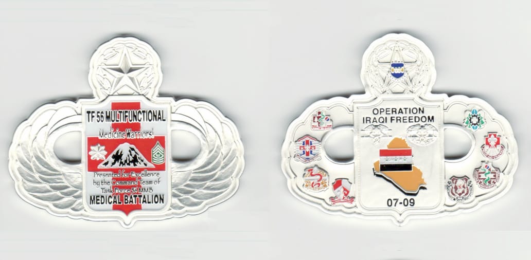 Master Parachuter Airborne Wings shaped, aluminum  colored coin, 3 inches wide x 2 1/4  inches high.