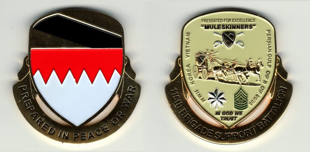 Shield shaped with banner mounted below, gold colored coin, 1 3/4 inches wide x 2 1/4 inches high.