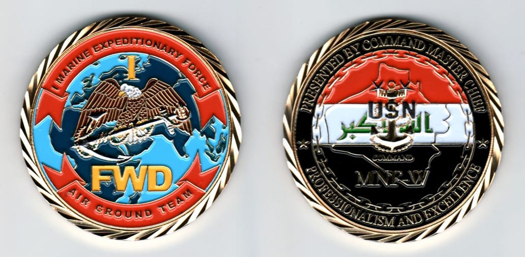 Round shaped, gold colored coin, 2 1/8  inches in diameter.