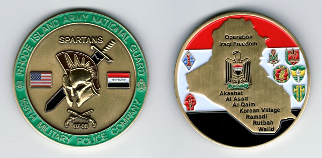 Round shaped, pewter colored coin, 2  inches in diameter.