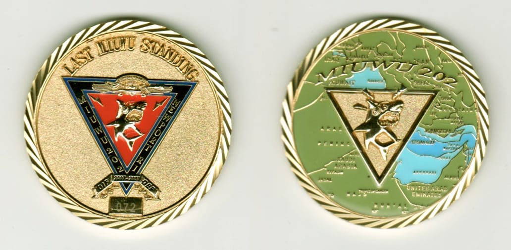 Round shaped, gold colored coin, 1 11/16 inches in diameter.