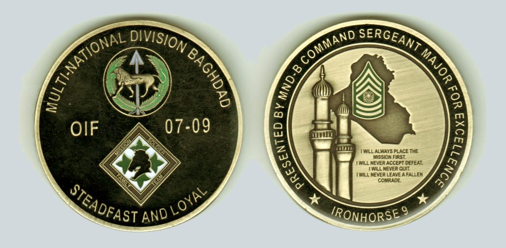 Round shaped, brass colored coin, 2 3/8 inches in diameter.