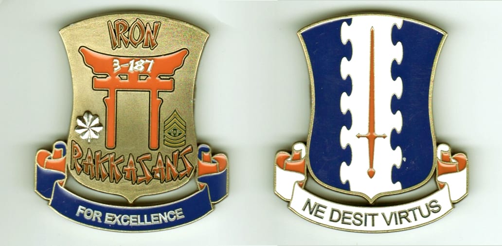 Shield shaped with ribbon banner mounted below, brass colored coin, 1 1/2 inches wide x 2 1/8 inches high.