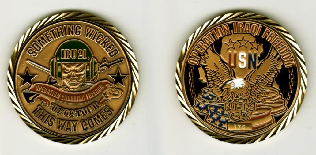 Round shaped, brass colored coin, 1-5/8 inches in diameter.