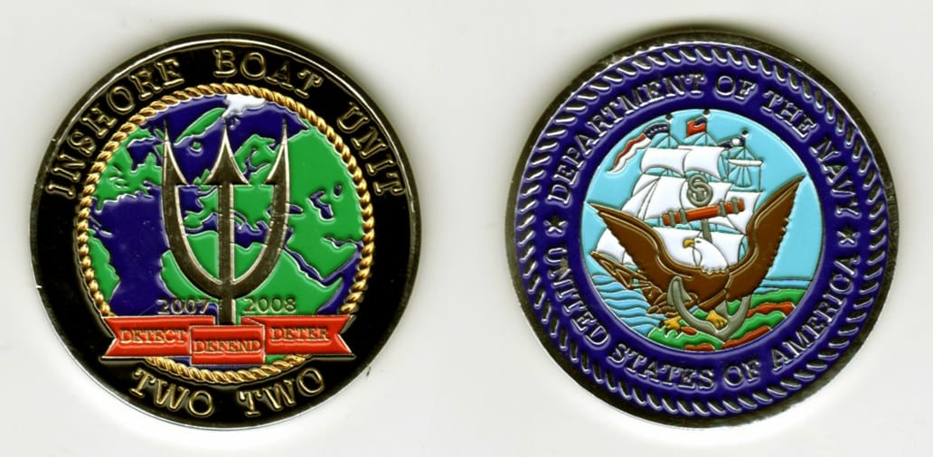 Round shaped, silver colored coin, 1 13/16 inches in diameter.