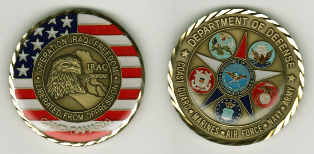 Round shaped, brass colored coin, 1 13/16 inches in diameter.