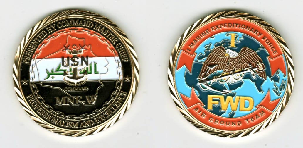 Round shaped, gold colored coin, 2 1/8  inches in diameter.