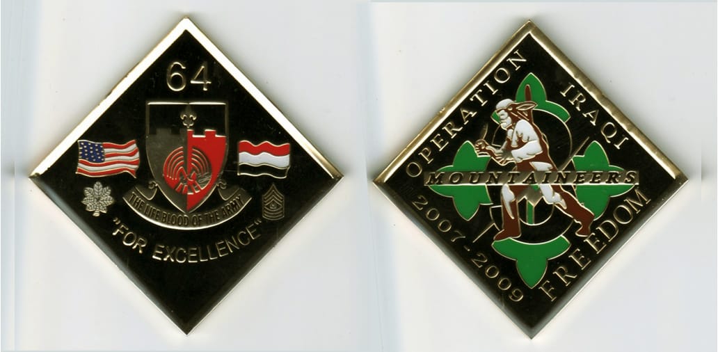 Diamond  shaped, gold colored coin, 2 3/4 inches high x 2 3/4 inches wide.