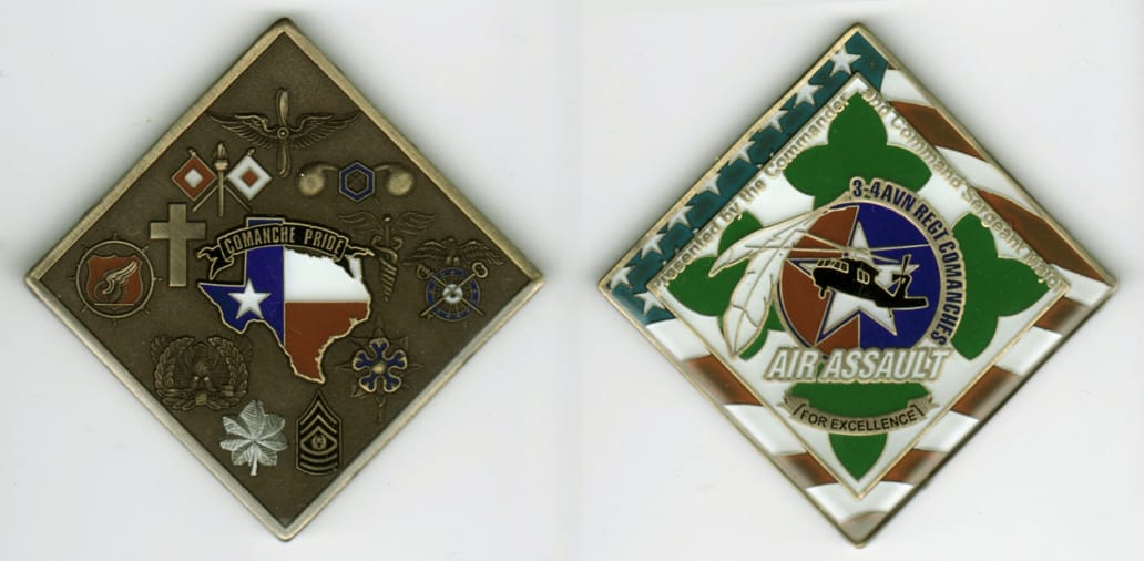 Diamond  shaped, antique brass colored coin, 2  inches high x 2  inches wide square measure.