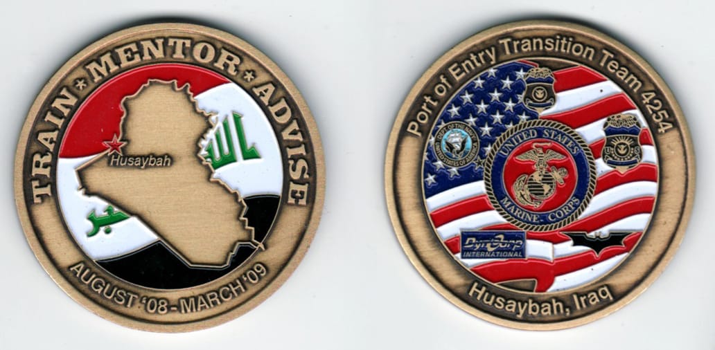 Round shaped, brass colored coin, 2  inches in diameter.