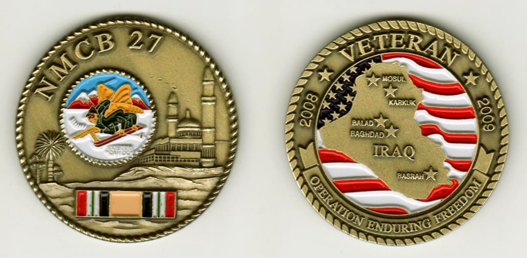 Round shaped, brass colored coin, 1 11/16  inches in diameter.