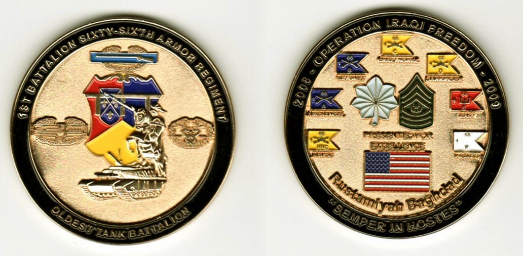 Round shaped, gold colored coin, 1 1/2  inches in diameter.