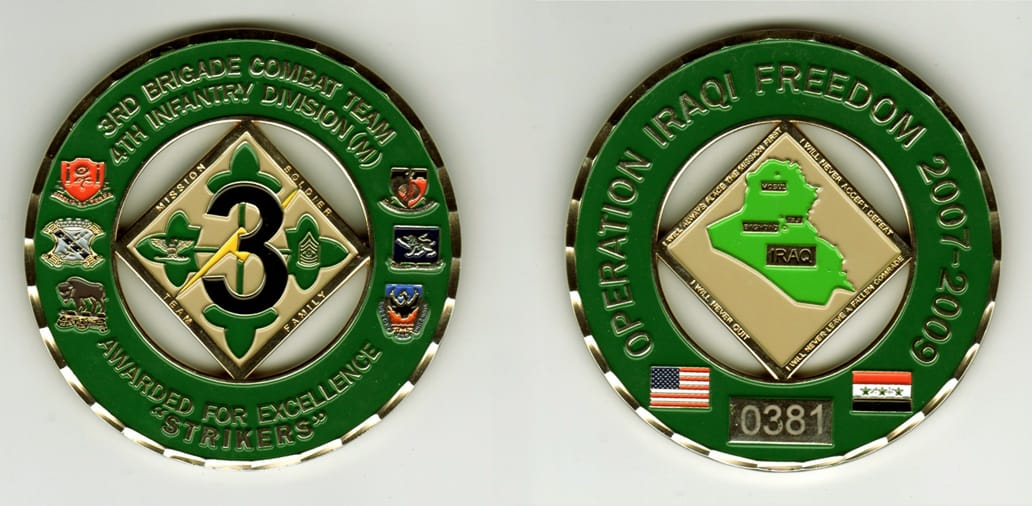 Round shaped, gold colored coin, 3  inches in diameter.