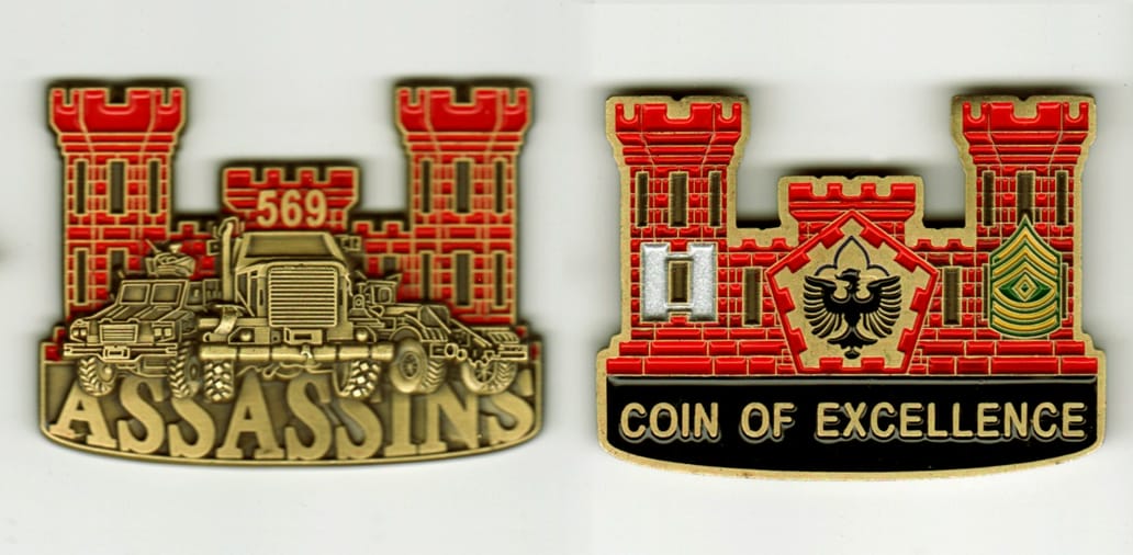 Engineer castle shaped, brass colored coin, 2 1/4 inches wide x 2  inches high.