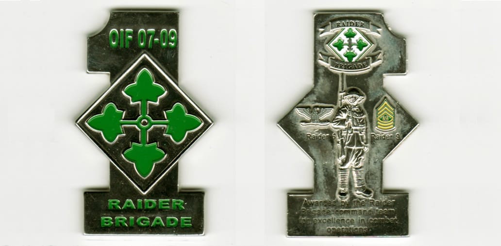 Number one  shaped, silver colored coin with diamond shaped 4th ID patch extended at the sides, 1 1/2 inches wide x 2  1...