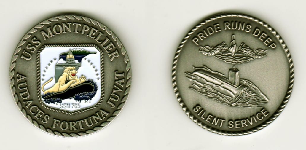 Round shaped, brass colored coin, 1 3/8  inches in diameter.