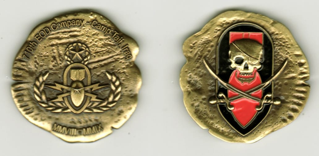 Round shaped (with uneven edges), brass colored coin, 1 3/4  inches in diameter.