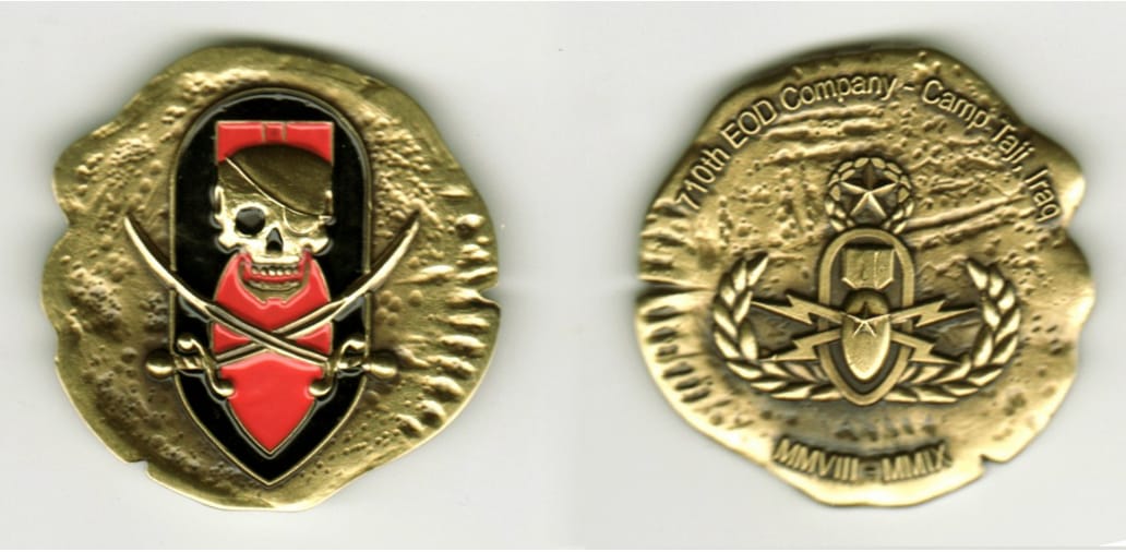 Round shaped (with uneven edges), brass colored coin, 1 3/4  inches in diameter.