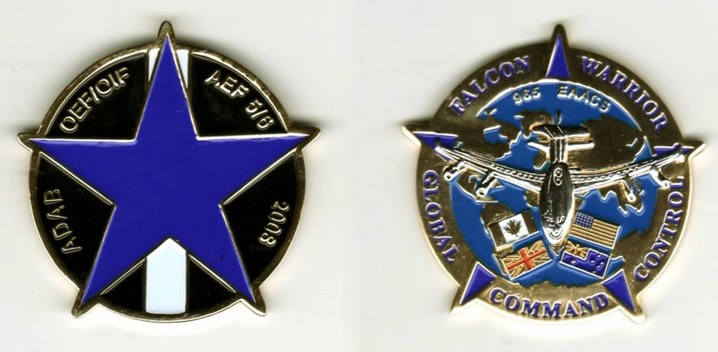 Round shaped with 5 star points protuding, gold colored coin, 2  inches in diameter.