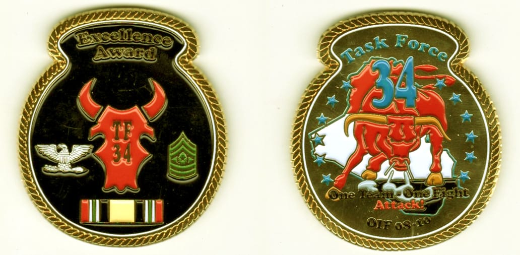 Round shaped with top curved extension piece, brass colored coin 1 1/2 inches wide x 2-1/2 inches high.