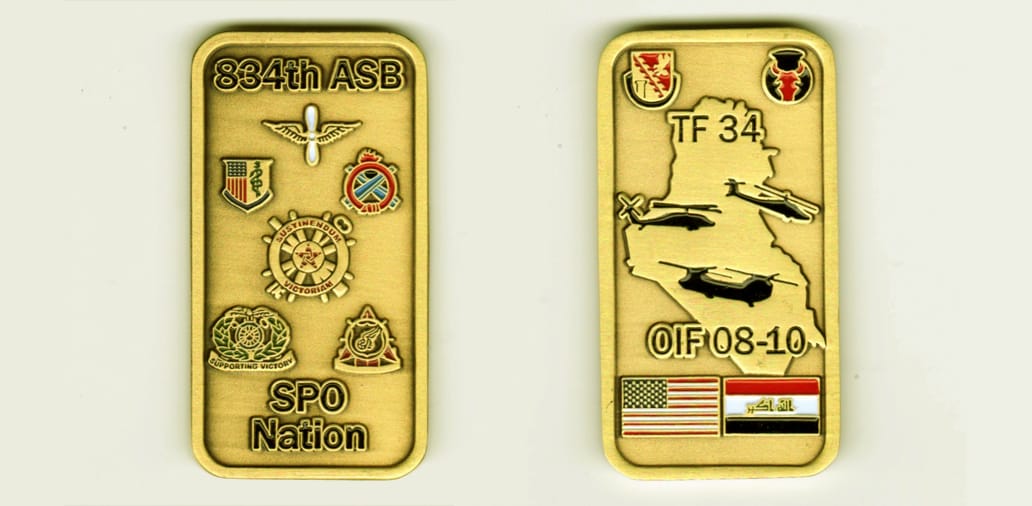 Retangular shaped, brass colored coin, 1 1/4 inches wide x 2 1/2 inches high.