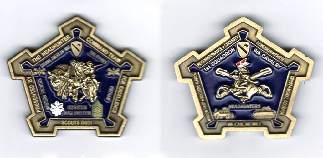 Pentagon shaped with notched out areas on each side, gold colored coin, 1-3/8  inches wide x 2 inches high.