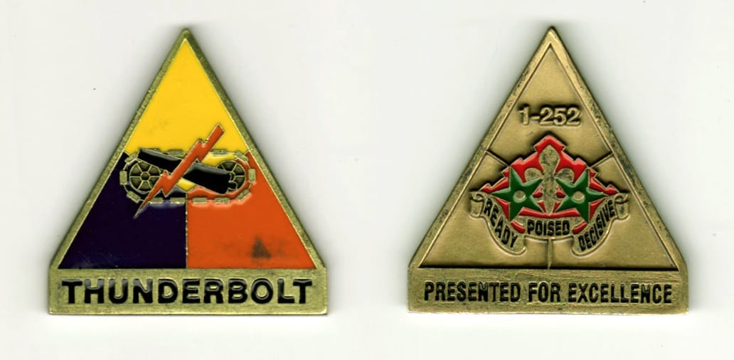 Triangular shaped, brass colored coin, 1 3/4 inches wide x 1 3/4  inches high.