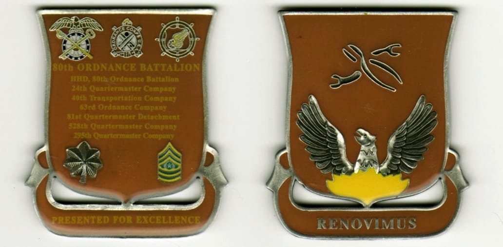 Squared off-shield shaped, brass colored coin, with attached banner beneath, 1-1/2 inches wide x 2 1/4 inches high.