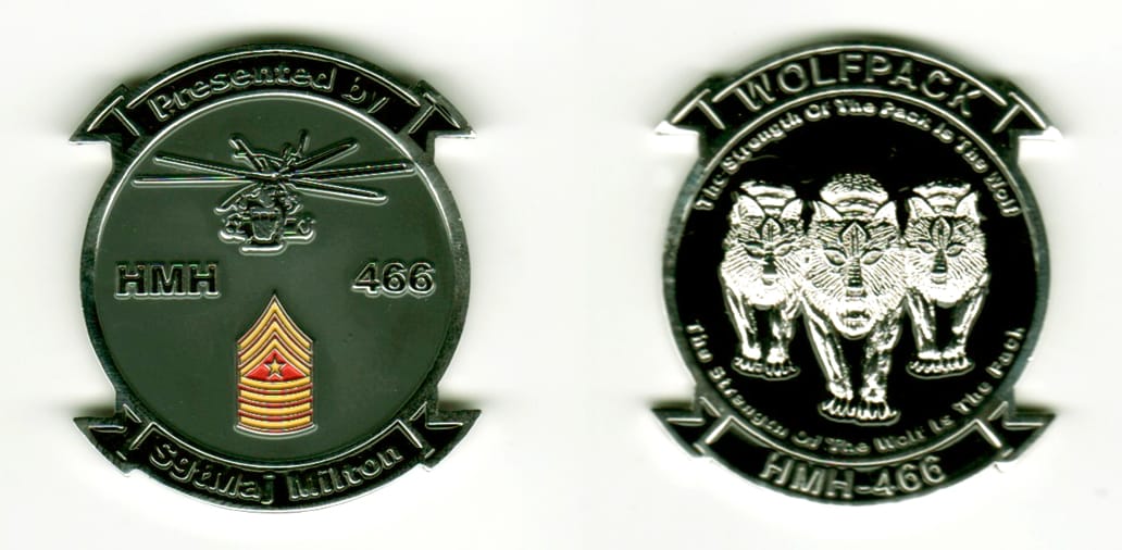 Round shaped, silver colored coin, with attached banners above and beneath, 1-1/2 inches wide x 1 3/4 inches high.