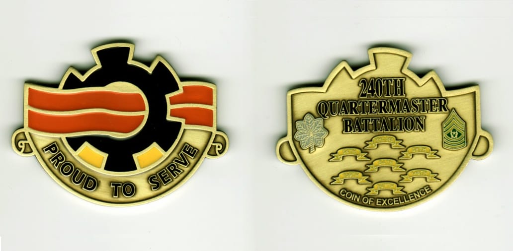 Half circle shaped, brass colored coin, 2 1/4 inches wide x 1 3/4 inches high.