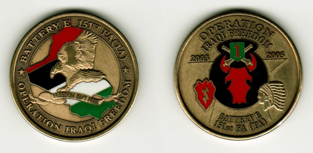 Round shaped, brass colored coin, 1 1/2 inches in diameter.