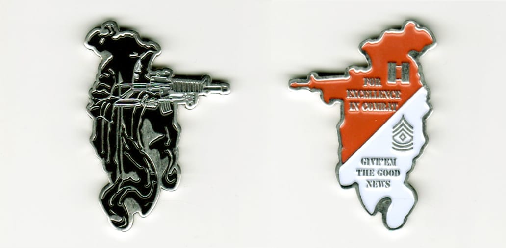 Grim Reaper holding rifle shaped, silver colored coin, 1 1/4 inches wide x 1 3/4 inches high.