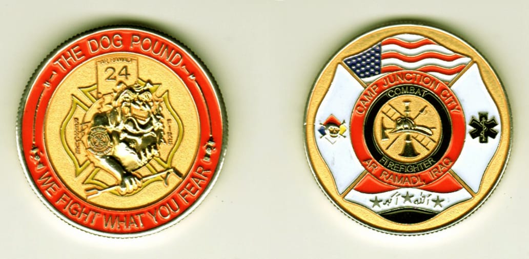 Round shaped, brass colored coin, 1 3/8  inches in diameter.